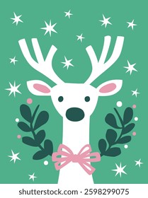Whimsical White Reindeer With Pink Bow On Green Background