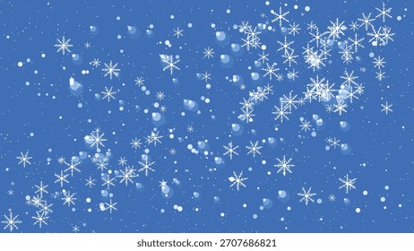 Caprichosos copos de nieve blancos cayendo suavemente contra un vibrante fondo azul del cielo de invierno.