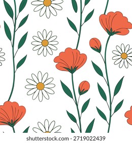 Patrón de azulejos sin fisuras de flores silvestres caprichosas con margaritas y amapolas coloridas sobre un fondo blanco puro ideal para el concepto de interiores juguetones como margaritas y amapolas coloridas sobre fondo blanco puro crean un patrón de azulejos sin fisuras caprichoso para interiores juguetones en Foto de archivo Concepto y espacio vacío en el lado izquierdo, sin texto --ar 7:2 --tile