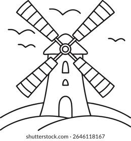 Whimsical Windmill Scene A Serene Landscape with Quaint Structure and Birds A Black and White Illustration of a Picturesque Countryside Setting with Traditional Windmill