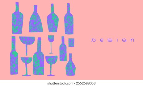 Whimsical wine banner showcasing playful patterns on bottles and glasses, perfect for winery menus, tasting event flyers, and retro-themed designs.