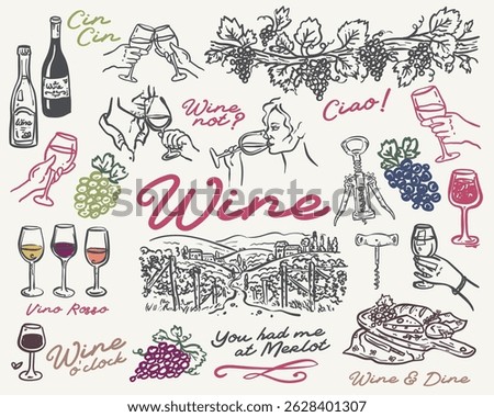 Whimsical Wine Illustration Set - hand drawn elements