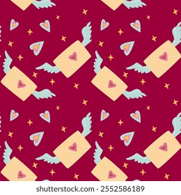 Whimsical winged envelopes and hearts pattern on deep red background.