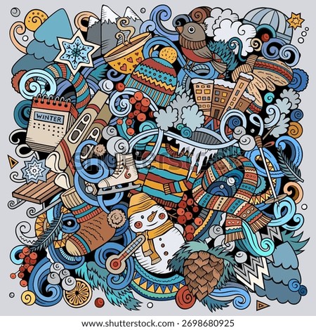 Whimsical winter doodle vector with snowflakes, warm clothes, mountains, and seasonal elements. Perfect for holiday, seasonal promotions, packaging, and greeting card designs