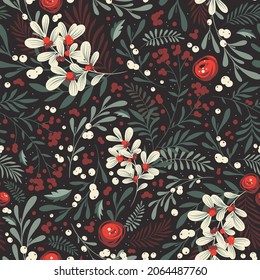 Whimsical winter foliage background. Vintage Christmas and Happy New Year flat seamless pattern, great for christmas textiles, banners, wrapping paper, wallpaper. Vector xmas design.