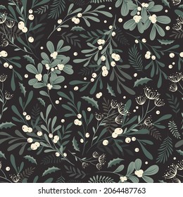 Whimsical winter foliage background. Vintage Christmas and Happy New Year flat seamless pattern, great for christmas textiles, banners, wrapping paper, wallpaper. Vector xmas design.