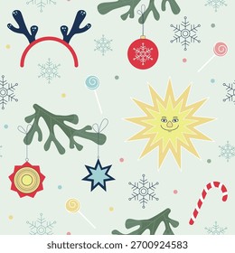 Whimsical Winter Holiday Seamless Pattern with Festive Elements
