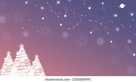 A whimsical winter landscape featuring snow-covered pine trees beneath a gradient sky transitioning from soft pink to deep purple.