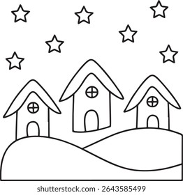 Whimsical Winter Village Coloring Page A charming black and white line art illustration of a cozy winter scene featuring quaint houses stars and gently rolling hills inviting creative coloring fun