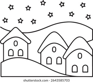 Whimsical Winter Village Scene Black and White Outlines, featuring snow-covered houses beneath a starry sky, evoking the serenity of a peaceful winter night, perfect for coloring books and cozy art pr