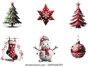 Whimsical Winter Wonderland Vector Set: Christmas Tree, Snowflakes, Socks, and Ornaments