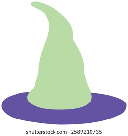  A whimsical witch hat in a cartoon style of purple and green, each with a unique playful shape and design,