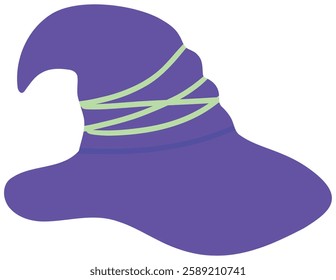  A whimsical witch hat in a cartoon style of purple and green, each with a unique playful shape and design,