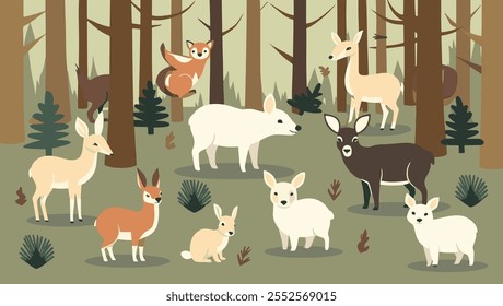 Animales de bosque caprichosos en Arte vectorial minimalista