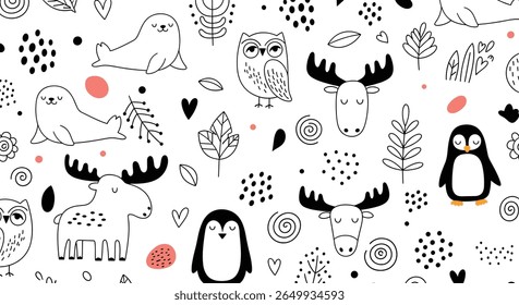 Caprichosas criaturas da floresta e amigos de inverno um design de padrão encantador