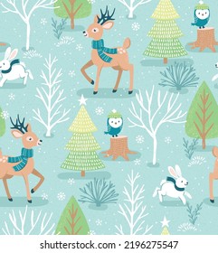 Whimsical woodland friends celebrating the Holidays together in the forest. This Christmas vector pattern repeats seamlessly.