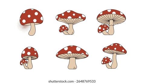 Coleção de fungos da floresta encantadora com tampas vermelhas e manchas brancas adoráveis e bonitas ilustrações de cogumelos para vibrações florestais encantadas e desenhos de contos de fadas