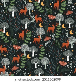 Whimsical Woodland Nightscape with Deer and Moths on dark background. Colorful seamless pattern, vector illustration.