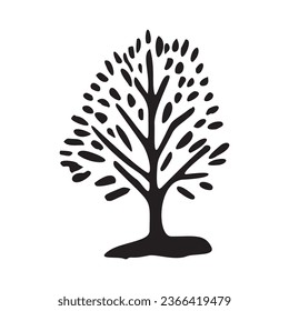 Whimsical woodland tree design element in vector organic style. Monochrome forest arbor for outdoor quirky linocut elements. 
