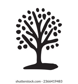 Whimsical woodland tree design element in vector organic style. Monochrome forest arbor for outdoor quirky linocut elements. 