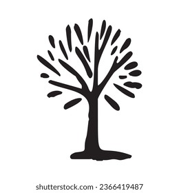 Whimsical woodland tree design element in vector organic style. Monochrome forest arbor for outdoor quirky linocut elements. 