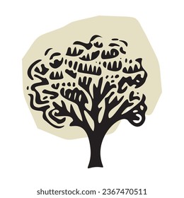 Whimsical woodland tree design element in vector organic style. Beige blob color forest arbor for outdoor quirky linocut elements. 