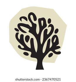 Whimsical woodland tree design element in vector organic style. Beige blob color forest arbor for outdoor quirky linocut elements. 