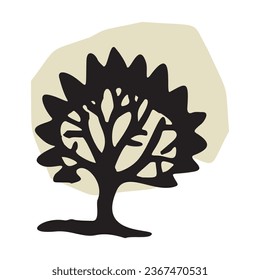 Whimsical woodland tree design element in vector organic style. Beige blob color forest arbor for outdoor quirky linocut elements. 