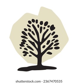 Whimsical woodland tree design element in vector organic style. Beige blob color forest arbor for outdoor quirky linocut elements. 