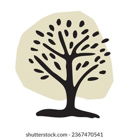 Whimsical woodland tree design element in vector organic style. Beige blob color forest arbor for outdoor quirky linocut elements. 