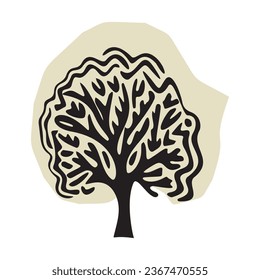Whimsical woodland tree design element in vector organic style. Beige blob color forest arbor for outdoor quirky linocut elements. 