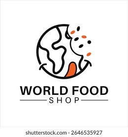 Logotipo Whimsical World Food Shop com mordida e rosto sorridente Exprimindo uma experiência culinária global divertida e apetitosa Atender aos alimentos em todos os lugares