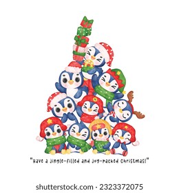 A whimsical world as funny penguins in Christmas costumes form a comical pyramid. Playful and colorful watercolor illustration brings festive joy with adorable animals.