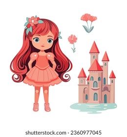 A whimsical world of a red-haired little princess, enchanting castle, and lush floral elements in a charming cartoon style. Vector set.