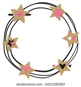 Whimsical wreath with Americana style stars, hearts, circles, arrows and dots on a white background. Banner for web, print, or cover. Gold, pink, and black. White space for Valentine's Day text.