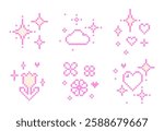 Whimsical y2k pixel icons. Cute editable vector decoration. Simple sparkling accent in pixel art. Shining stars emoji, flower, heart and sparkles. Game abstract elements. Vintage trendy pattern design