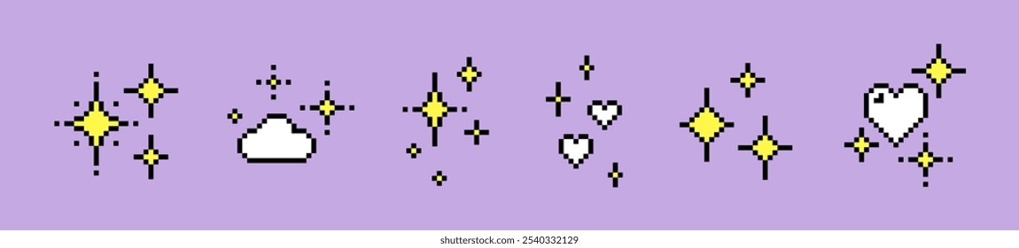 Ícones de pixels y2k incríveis. Elegante decorações vetoriais editáveis. Acentos brilhantes simples em pixel art. Emoji estrelas brilhantes, coração e brilhos. Elementos abstratos do jogo. Vintage moda design padrão