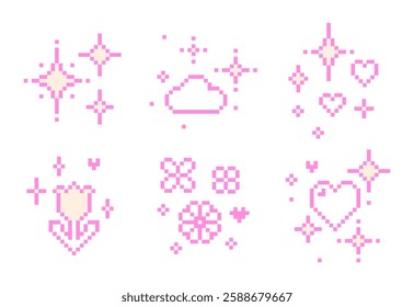 Whimsical y2k pixel icons. Cute editable vector decoration. Simple sparkling accent in pixel art. Shining stars emoji, flower, heart and sparkles. Game abstract elements. Vintage trendy pattern design