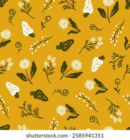 Whimsical Yellow Spring Themed Plant Floral Art. This seamless pattern is ideal for spring-themed projects, wallpapers, fabric designs, packaging, and more