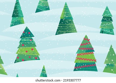 Los árboles de Navidad ilustraron con magia entre los enredos de nieve. Este patrón vectorial se repite sin problemas y es perfecto para diseños de superficie y fondos.