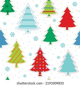 Whimsically illustrated Christmas trees in bright, cheerful colors. Seamless vector patterns are great for backgrounds and surface designs 
