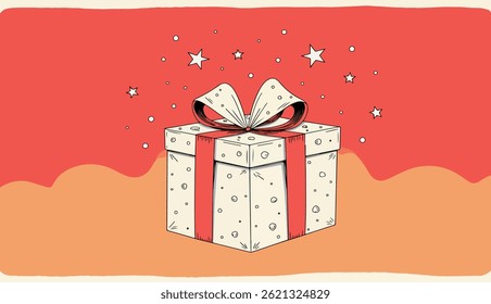 A whimsically illustrated gift box with a red ribbon and bow, set against a red and orange background with scattered stars and dots.
