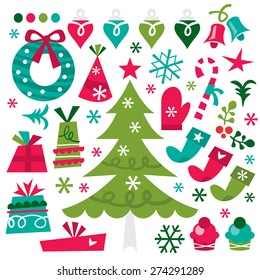 A whimsical/retro vector illustration of christmas design elements.