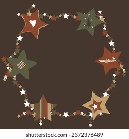 Whimsy brown background with stars in a circle for text. Decorated wreath with stars, curves and whimsical graphics in earthy muted tones. Vector illustration Christmas sign.  Holiday invitation.