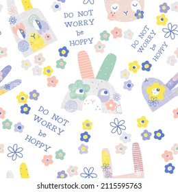 Whimsy bunny heads and flowers vector seamless pattern isolated on white. Do not worry be happy phrase. Groovy spring background. Childish rabbit and flowers design for Easter wrapping and cards.