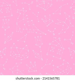 Whimsy Constellation Cat Dinosaur Tiny house Tulip Crown Bird vector seamless pattern. Girlish celestial pink galaxy sweet dreams background. Pyjamas party surface design.