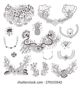 Whimsy doodle hand drawn vector illustrations. Vector design set of wreaths. 