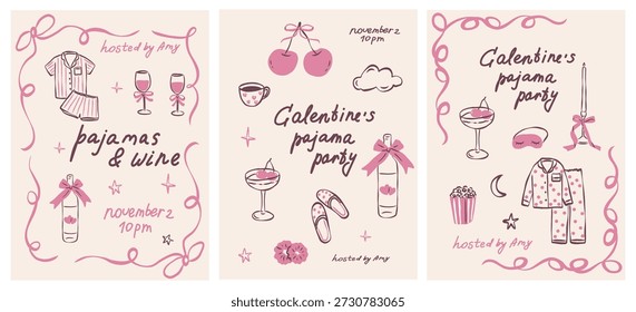 Conjunto de invitaciones de fiesta de pijama doodle caprichoso