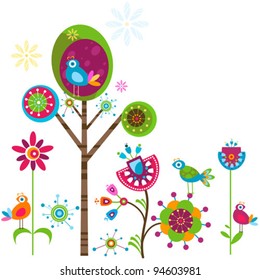 whimsy flower tree and birds