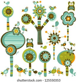 whimsy forest with flower trees and birds